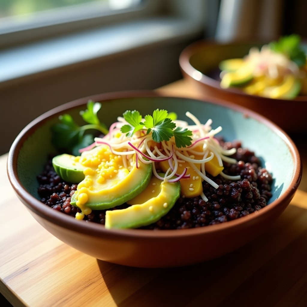 Bowl vibrante de quinoa negra con ceviche de coliflor marinado en leche de tigre, decorado con aguacate, semillas de sésamo y alga nori, sobre fondo rústico de madera con ingredientes frescos al lado.