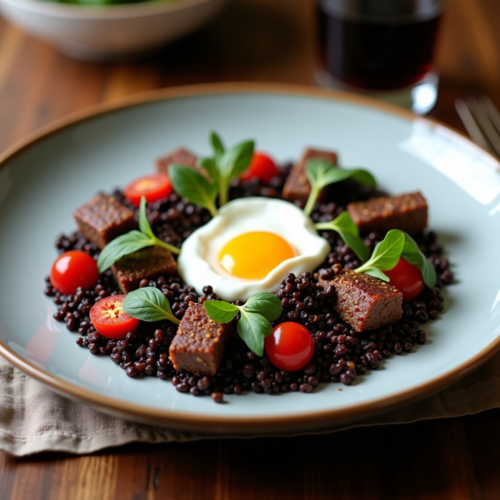 Bowl de quinoa negra con trozos de cordero dorado al ras el hanout, higos frescos en cuartos, cebolla morada, almendras tostadas y limón confitado, acompañado de un cuenco de yogur de coco cremoso. Receta marroquí alta en hierro y proteína, servida en plato hondo de cerámica negra.