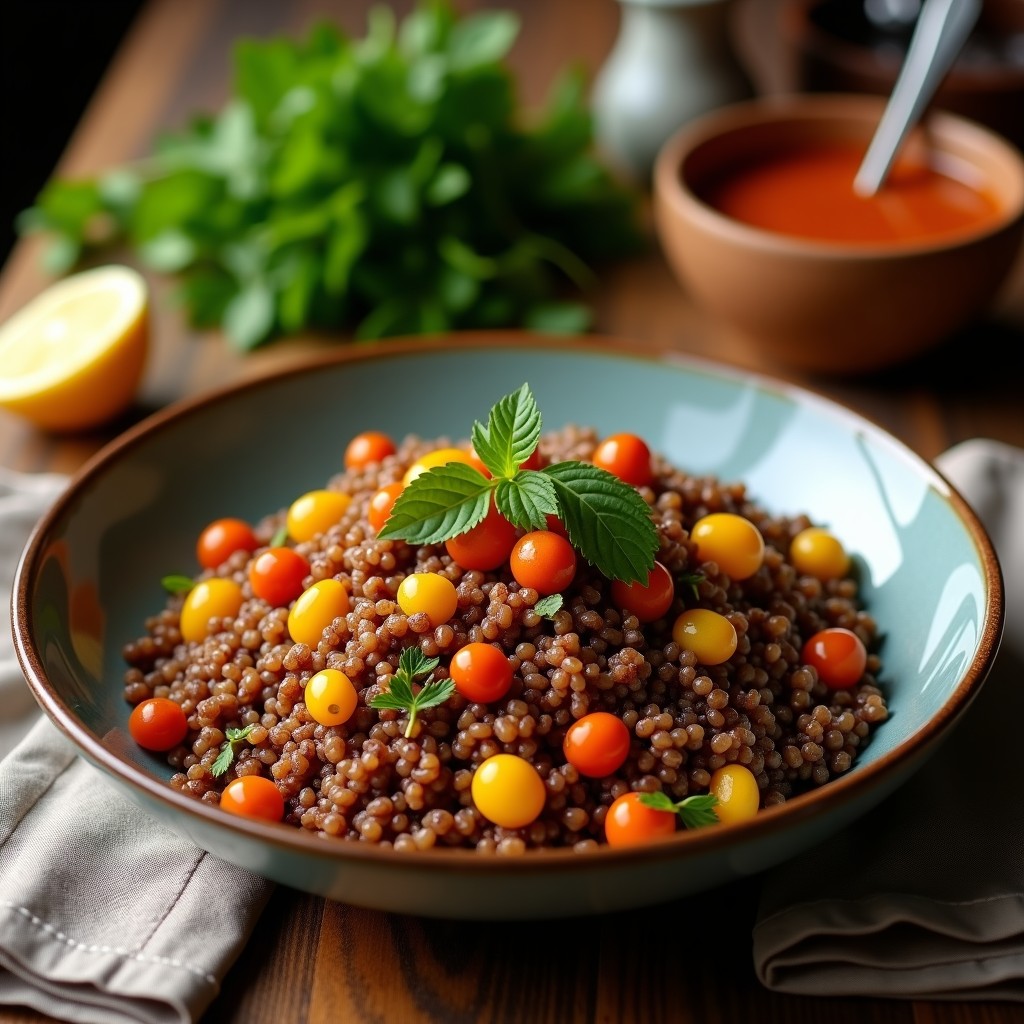 Bowl colorido con quinoa negra, espárragos trigueros salteados, aguacate en cubos, cebolla morada y semillas de sésamo, bañado en vinagreta de tamarindo. Plato keto peruano saludable y vibrante.