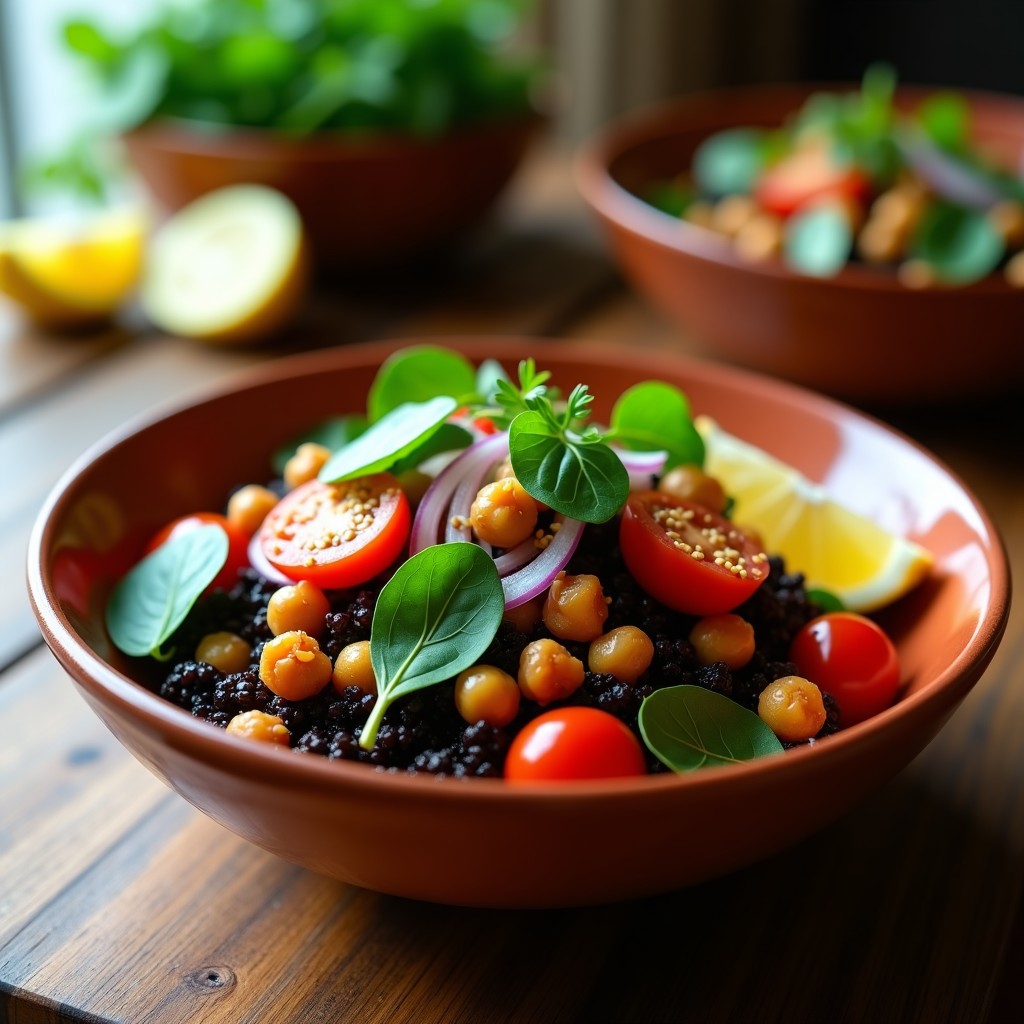 Bowl colorido con quinoa negra, garbanzos dorados y crujientes, espinacas frescas, tomate cherry, cebolla morada y semillas de sésamo, receta en airfryer sin aceite.