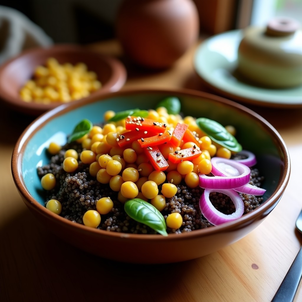 Bowl colorido con quinoa negra, garbanzos crujientes dorados, pimiento rojo y cebolla morada salteados, espinacas frescas y vinagreta de granadilla brillante, decorado con semillas de sésamo. Receta andina vegana y alta en proteína.