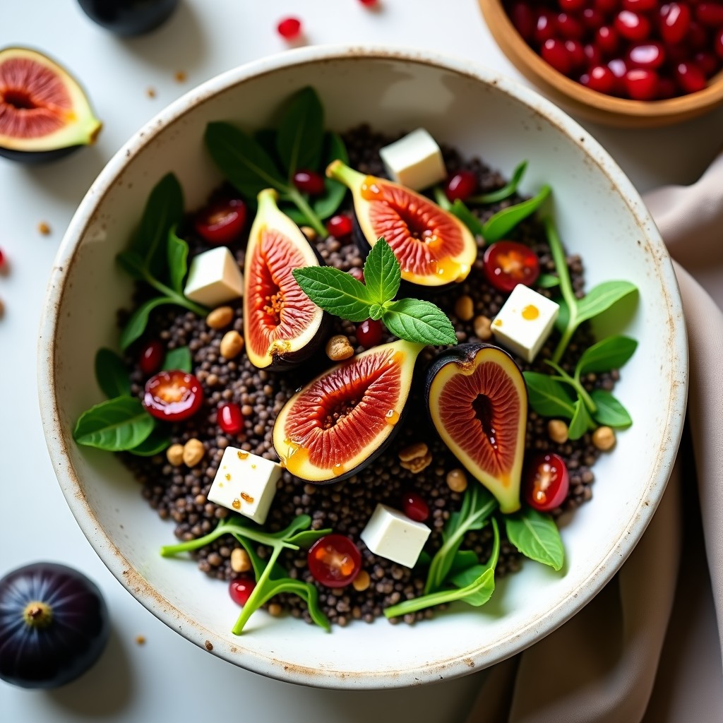 Bowl de quinoa negra con higos asados dorados, queso feta desmenuzado, nueces, semillas de granada y rúcula, servido en un plato hondo blanco con vinagreta de miel y menta fresca. Receta griega dulce-salada.