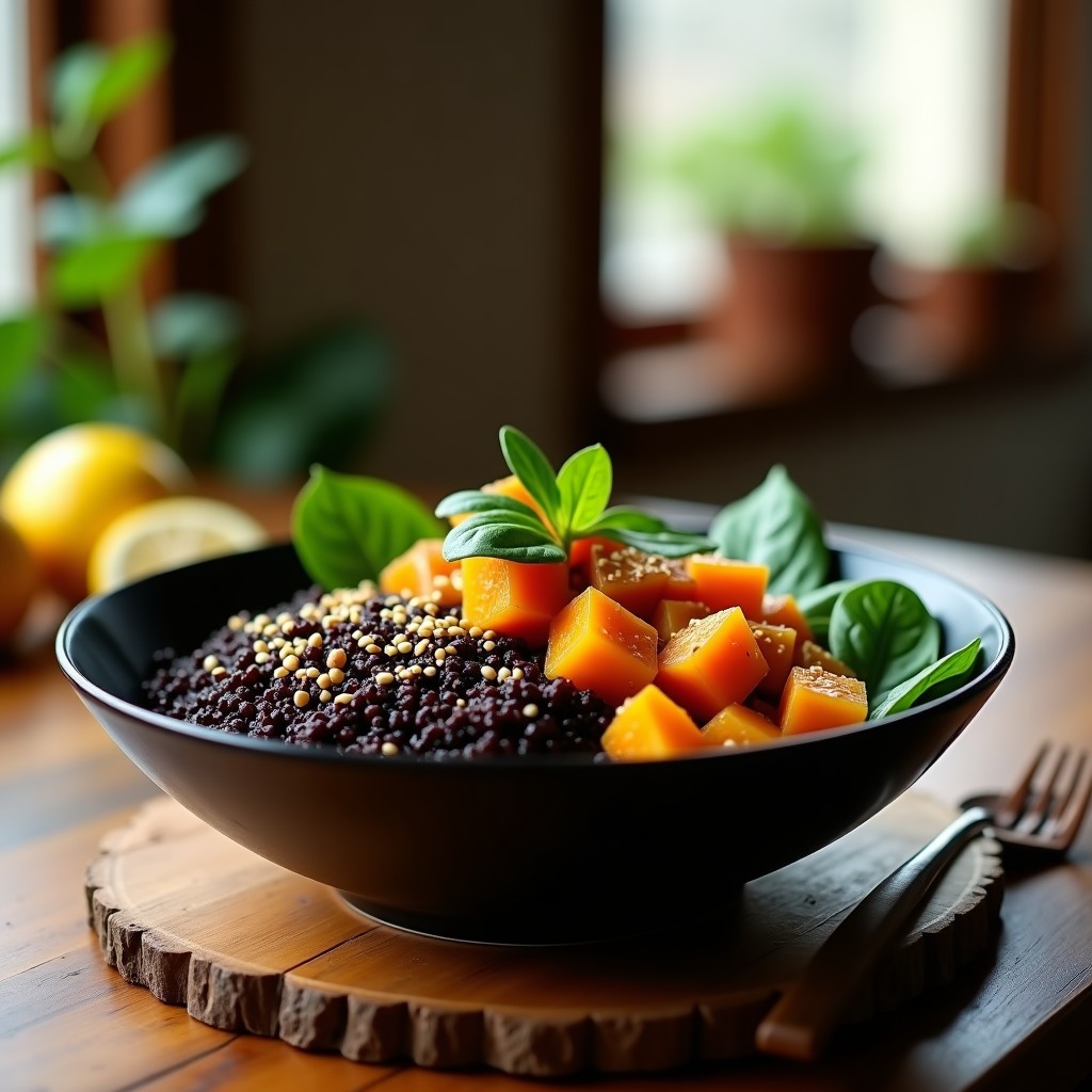 Bowl de quinoa negra con hongo reishi, calabacín, cebolla morada y pimiento rojo, decorado con almendras fileteadas, semillas de sésamo negro y cilantro fresco. Receta umami en airfryer.