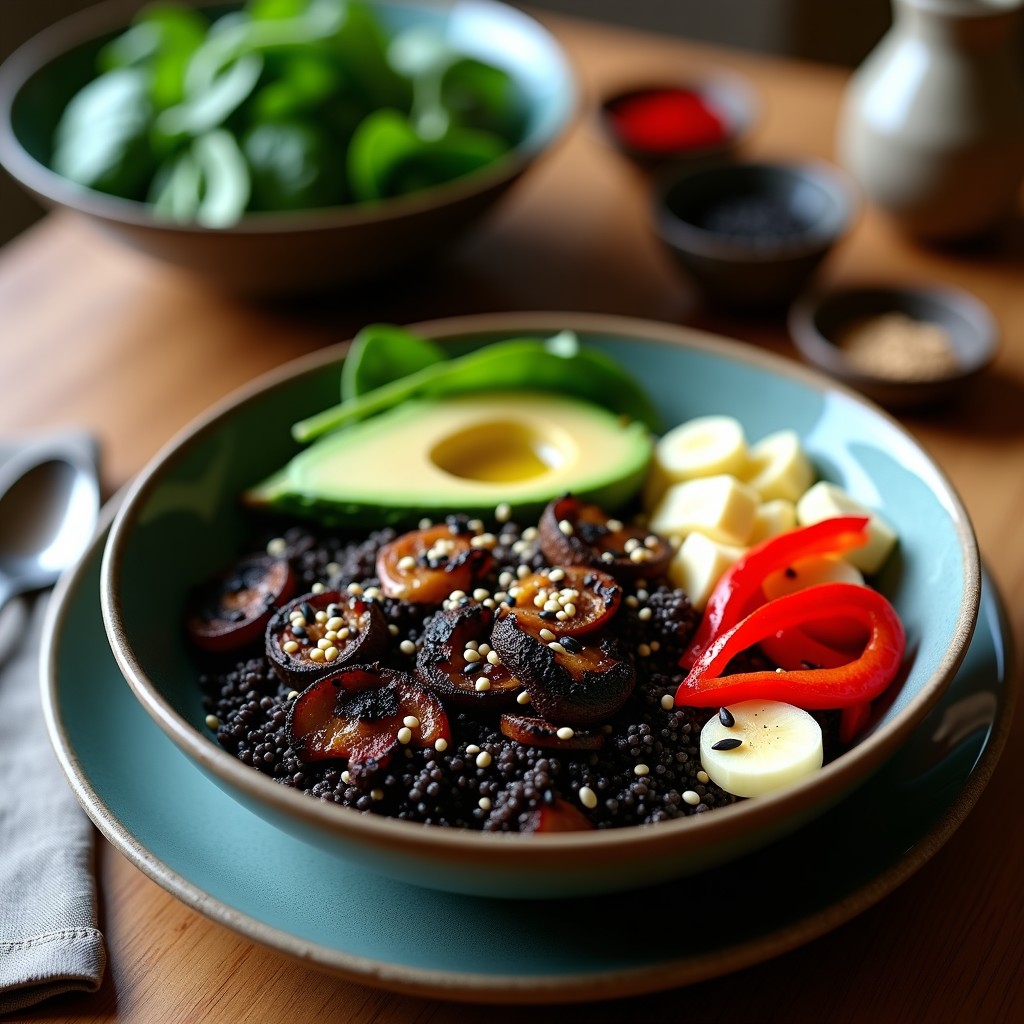 Bowl colorido con quinoa negra, hongos portobello dorados, aguacate en cubos, espinacas baby y semillas de sésamo negro, decorado con algas nori y aceite de sésamo tostado.