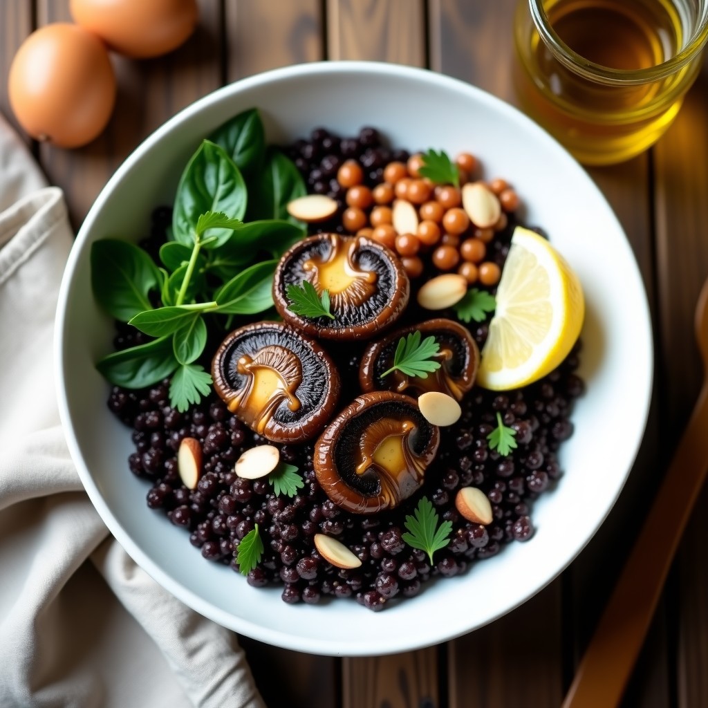 Bowl de quinoa negra con hongos portobello trufados, espinacas frescas, almendras fileteadas y perejil, servido en plato hondo blanco con fondo rústico.
