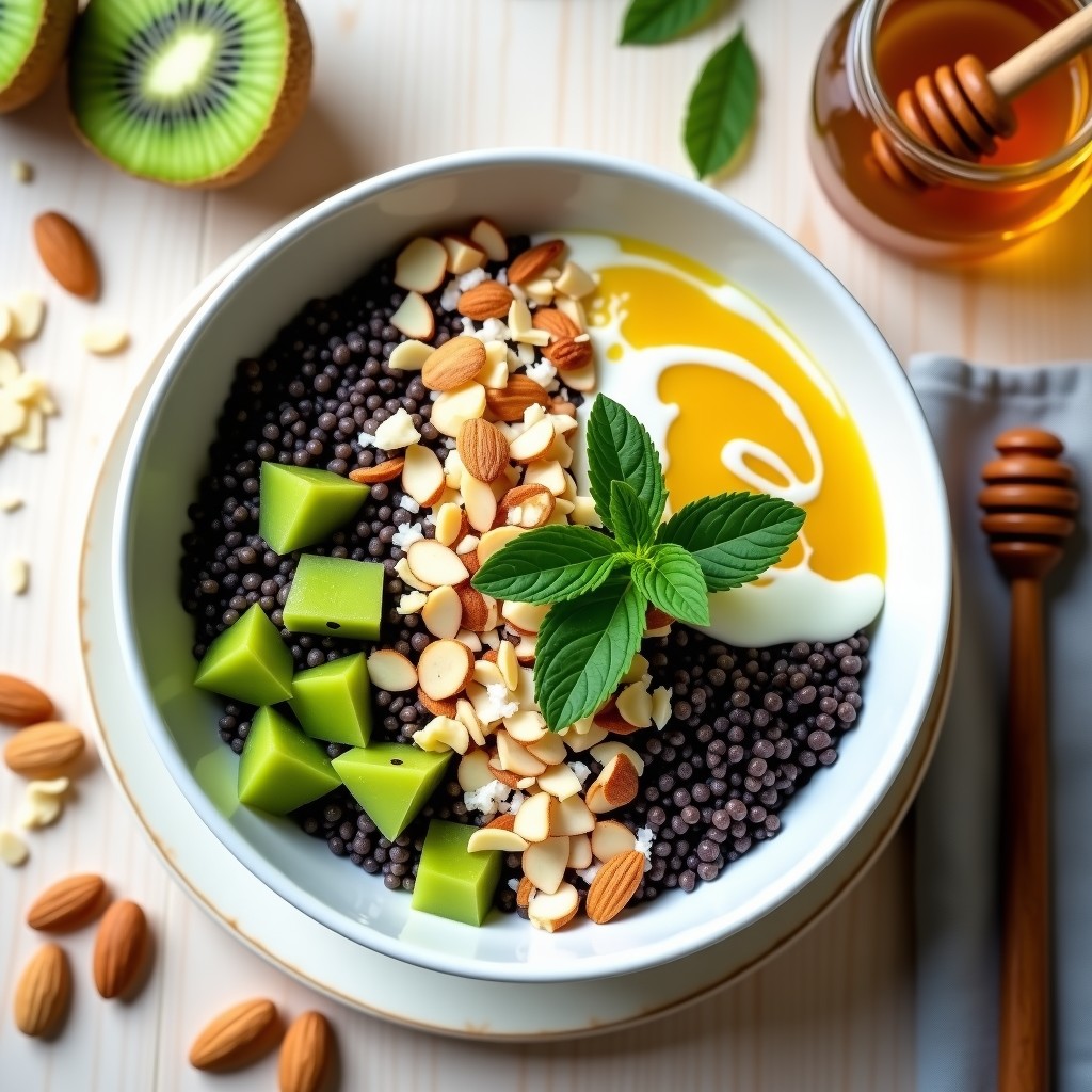 Bowl de quinoa negra con trozos de kiwi verde, espinacas baby, semillas de chía y almendras fileteadas, bañado en un aderezo brillante de limón y miel, decorado con hojas de menta fresca. Desayuno detox y energético en un plato blanco rústico sobre fondo de madera clara.