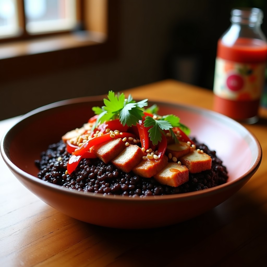 Bowl de quinoa negra con trozos de lomo de cerdo adobado dorado, cebolla morada, pimiento asado y salsa de guayaba brillante, receta peruana alta en proteína y sin gluten.