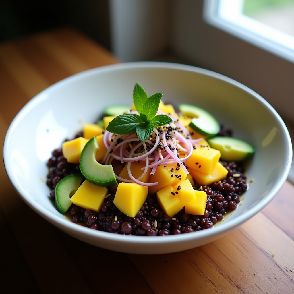 Bowl colorido con quinoa negra, cubos de mango maduro, aguacate, pepino y cebolla morada, decorado con semillas de sésamo, hojas de menta y algas nori, bañado en aliño de lima. Receta peruana keto.