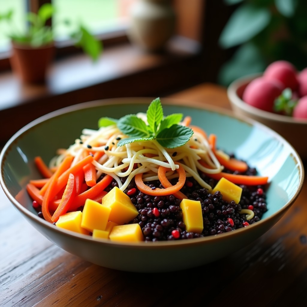Bowl de Quinoa Negra y Mango con Aliño de Lichi: Receta Tailandesa Vegana
