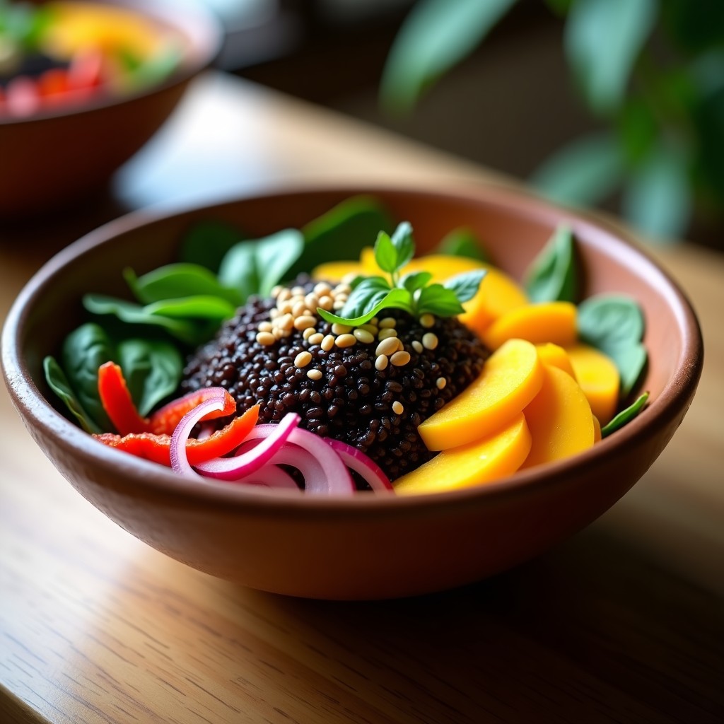 Bowl colorido de quinoa negra con tiras crujientes de mango verde, pimiento rojo, cebolla morada y espinacas, bañado en un aderezo dorado de tamarindo. Decorado con semillas de sésamo tostadas y cilantro fresco. Receta peruana detox y sin gluten.