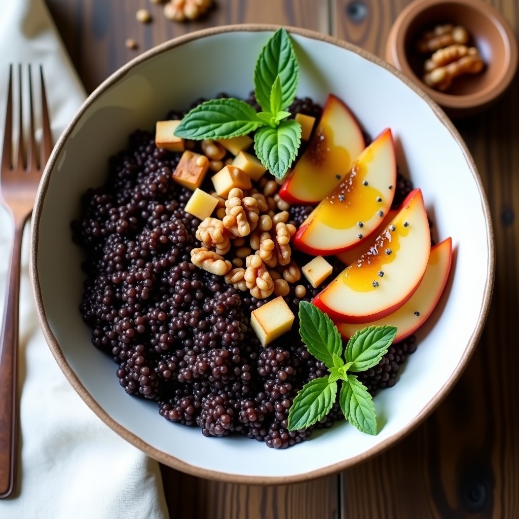 Bowl de quinoa negra con trozos dorados de pera, nueces picadas y semillas de chía, decorado con hojas de menta fresca sobre fondo blanco. Desayuno keto sin cocción, fresco y nutritivo.