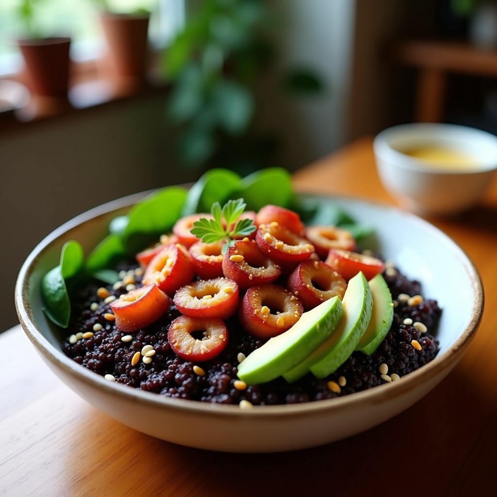 Bowl de quinoa negra con trozos dorados de pulpo ahumado, aderezo de limón y pimentón, cebolla morada, pimiento rojo asado y perejil fresco. Plato saludable y proteico servido en un bol de cerámica blanca sobre fondo rústico.
