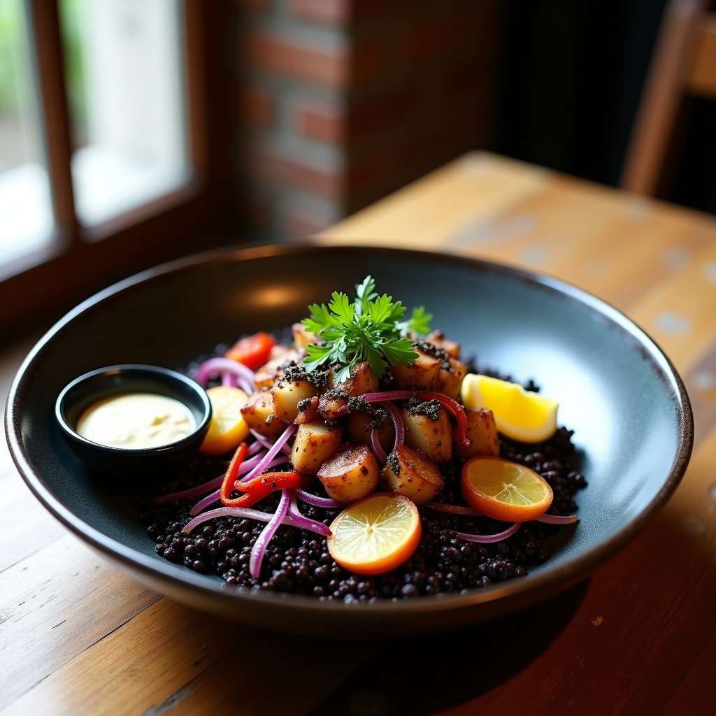 Bowl de quinoa negra con trozos de pulpo a la gallega, cebolla morada, tomate cherry, aguacate y alioli de ajo negro, servido en plato hondo de barro con hierbas frescas.