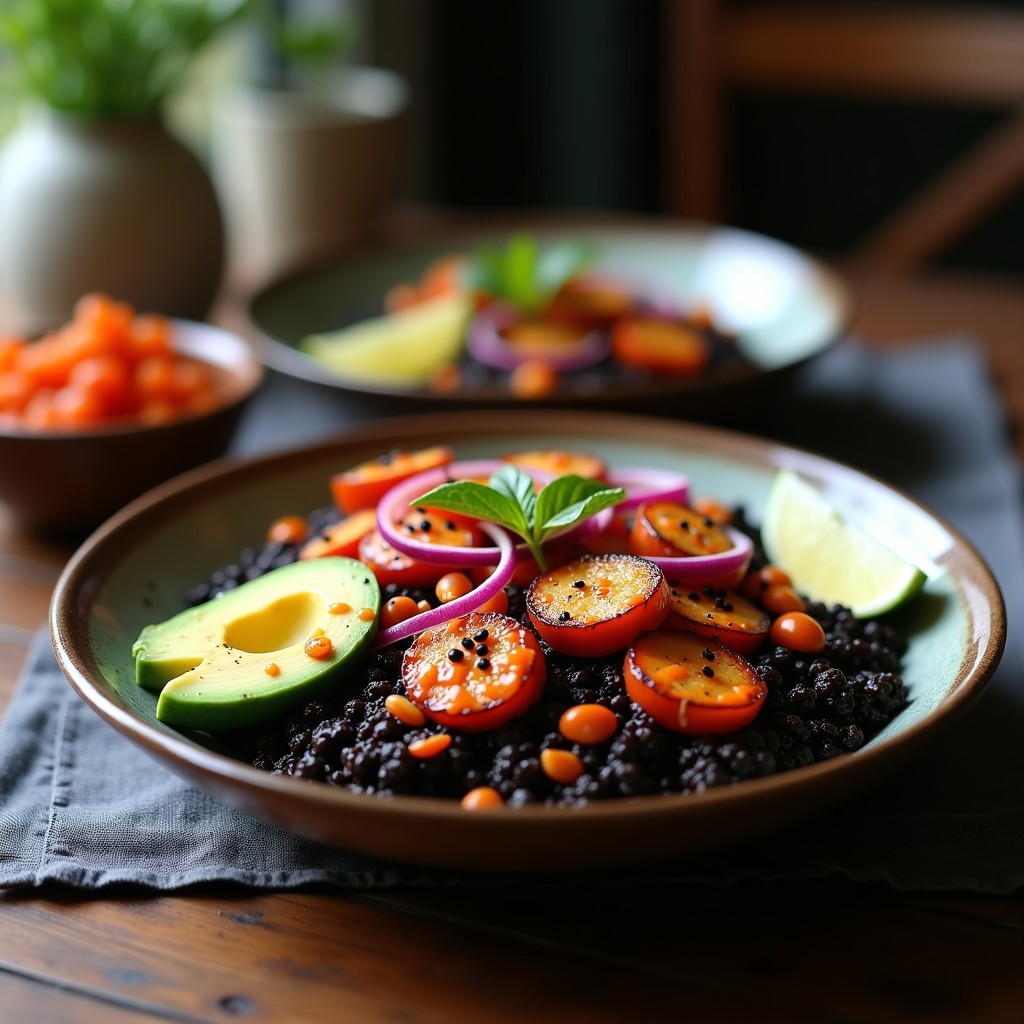 Bowl de quinoa negra con trozos de pulpo a la plancha dorados, cebolla morada en juliana, pimiento rojo asado, aguacate en cubos y semillas de sésamo. Acompañado de salsa de kimchi cremosa y cilantro fresco, servido en un plato hondo de cerámica negra. Receta fusion coreana-española alta en proteína.