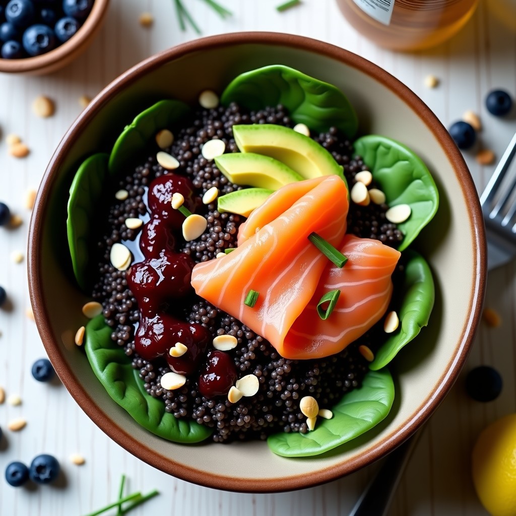 Bowl de quinoa negra con capas de espinacas baby, quinoa cocida, láminas de salmón ahumado en frío, arándanos frescos y almendras tostadas, bañado con salsa de arándanos reducida. Presentado en un plato hondo de cerámica negra con detalles de cebollino fresco y pimienta negra.