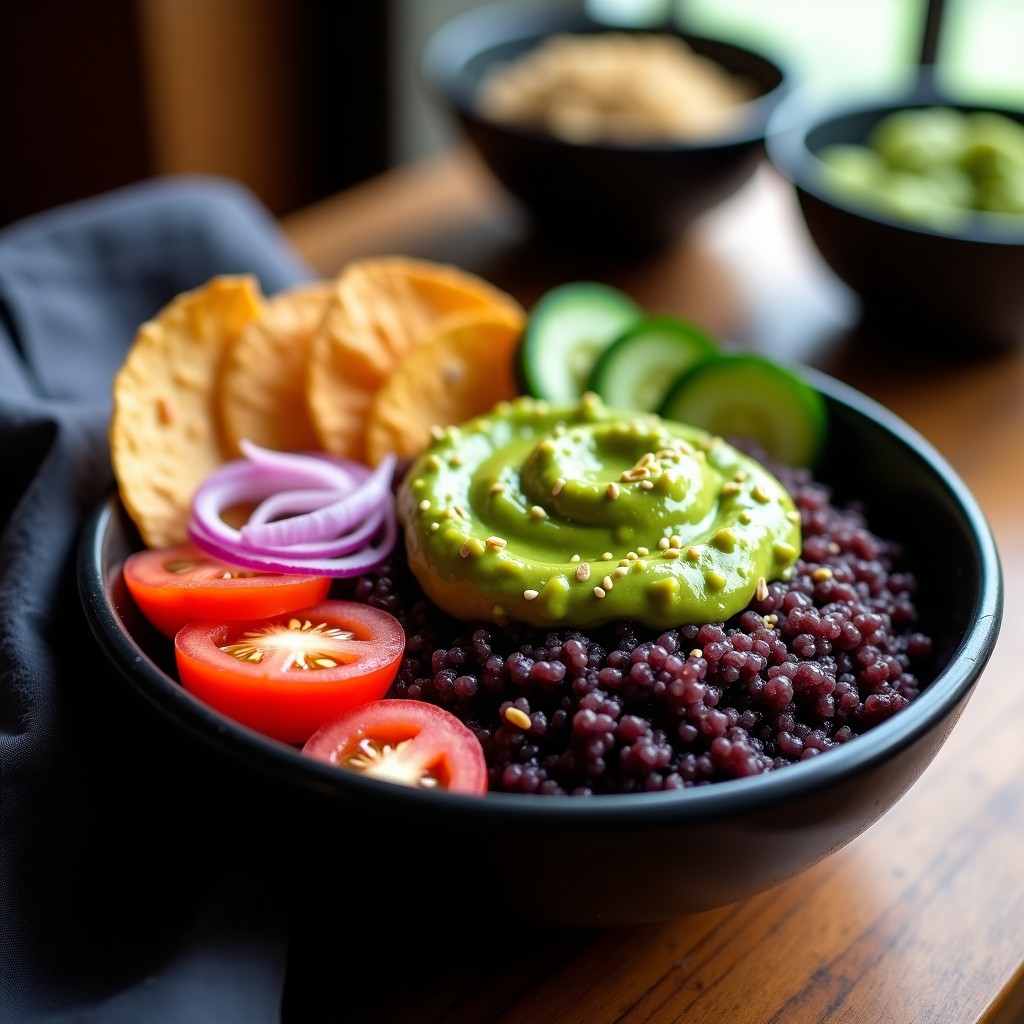 Bowl de quinoa negra humeante con salsa de guacamole cremosa verde, chips de alga nori dorados y crujientes, tomate cherry rojo, pepino fresco y semillas de sésamo espolvoreadas. Receta vegana crunchy en plato de cerámica negra.