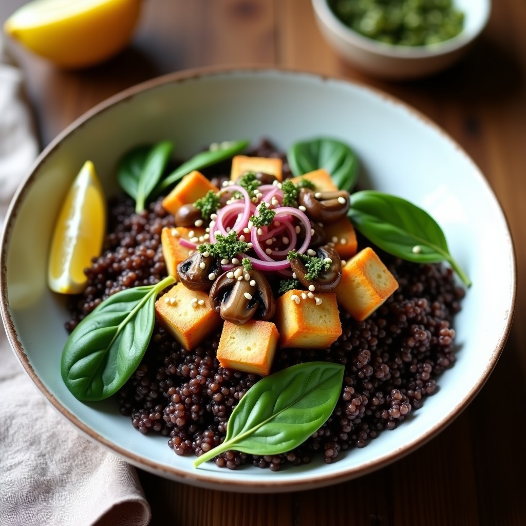 Bowl colorido con quinoa negra, tofu ahumado dorado, champiñones shiitake, espinacas verdes y semillas de sésamo, decorado con algas nori y rodajas de limón, receta umami vegana.