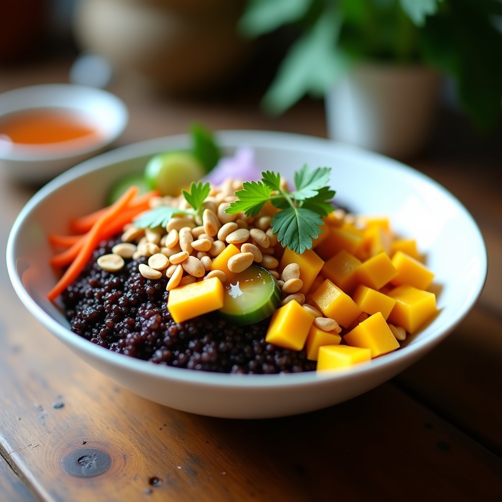 Bowl de quinoa negra con trozos de mango maduro, pepino, zanahoria rallada y cebolla morada, decorado con cacahuetes tostados y cilantro fresco. Aderezo de tamarindo brillante sobre los ingredientes, servido en un plato hondo de cerámica blanca con fondo rústico.