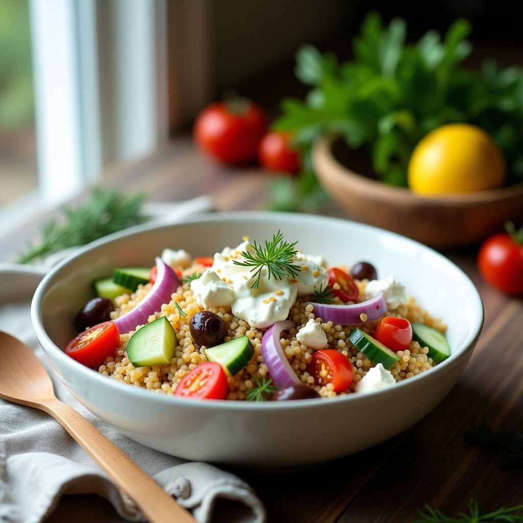Bowl de quinoa fría con pepino en cubos, tomates cherry, aceitunas kalamata, cebolla morada y queso feta desmenuzado, bañado en un aderezo cremoso de yogur griego y eneldo. Decorado con semillas de sésamo y hojas de eneldo fresco sobre un fondo rústico de madera.