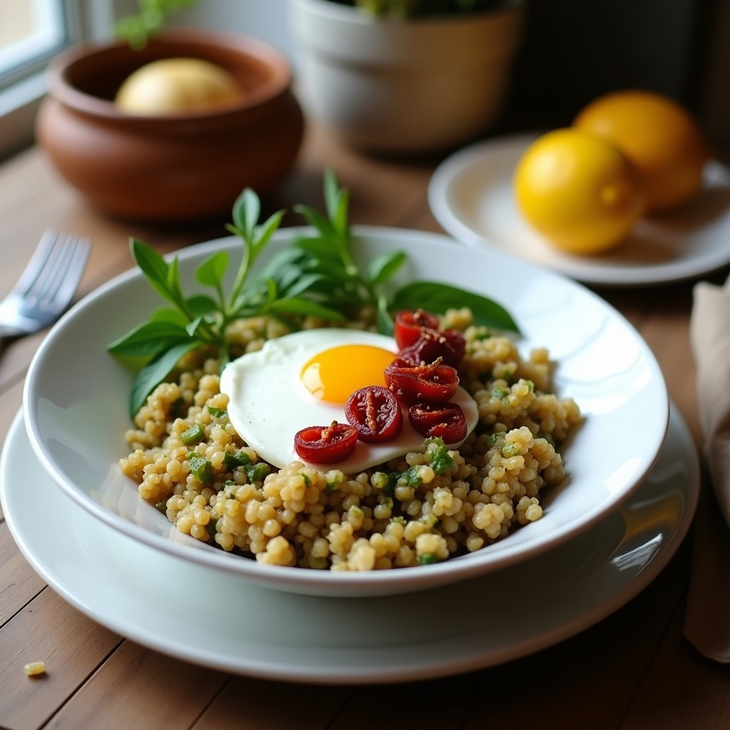 Bowl de quinoa blanca con espirales de pesto cremoso de alcachofa, decorado con tomates secos en tiras, semillas de girasol y almendras fileteadas. Plato colorido y fresco con toques mediterráneos, servido en un bol de cerámica blanca sobre fondo rústico.