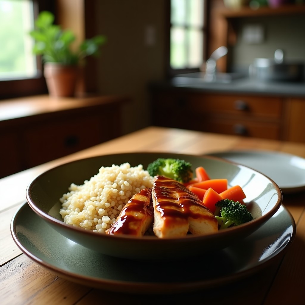 Bowl colorido con base de quinoa blanca, pollo teriyaki glaseado en tiras, brócoli al vapor, zanahorias en rodajas, pimiento rojo, aguacate en cubos y cebolla morada picada. Espolvoreado con semillas de sésamo tostadas, receta alta en proteína en 20 minutos.