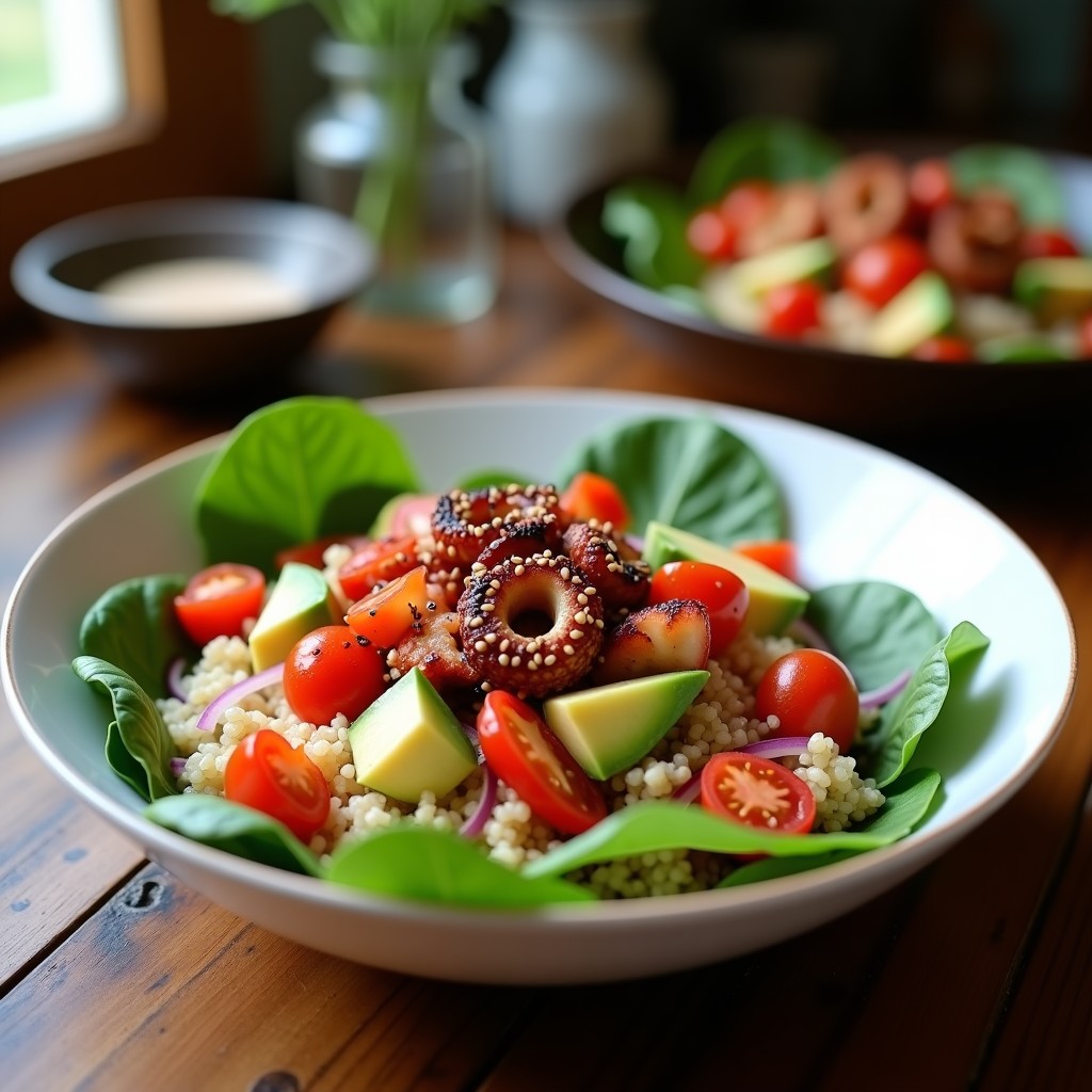 Bowl colorido con base de espinacas frescas, quinoa esponjosa, pulpo ahumado dorado y crujiente, aguacate en cubos, tomates cherry, pimiento rojo y cebolla morada. Decorado con semillas de sésamo y aliñado con aceite de oliva, receta de bowl de quinoa y pulpo ahumado en airfryer.