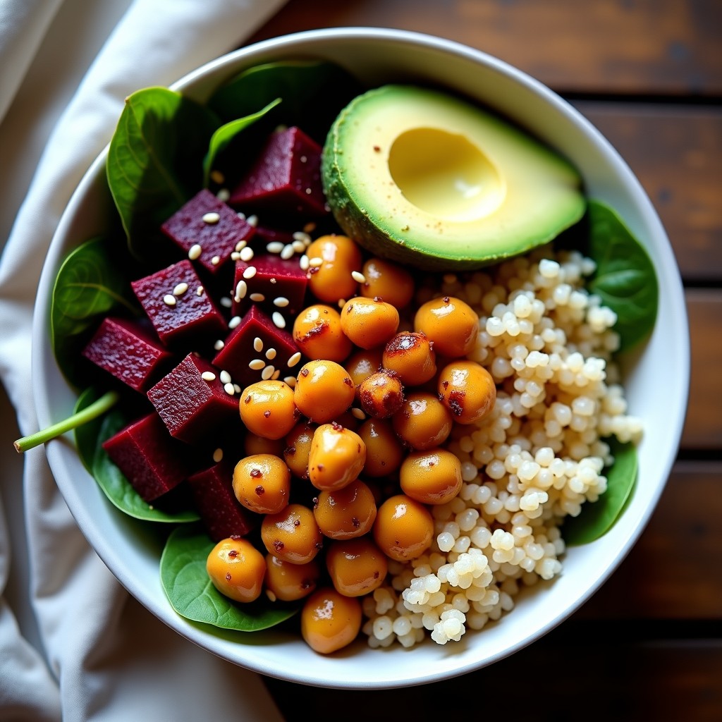 Bowl colorido con quinoa blanca, remolacha asada en cubos dorados, garbanzos brillantes, espinacas frescas, aguacate en láminas y semillas de sésamo espolvoreadas. Receta de bowl de quinoa y remolacha asada al horno.