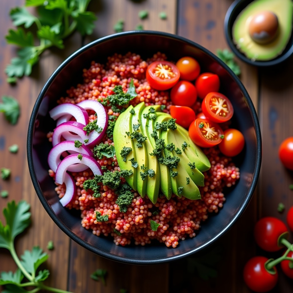 Bowl de quinoa roja con pochas blancas, espinacas frescas, aguacate en cubos y chimichurri verde esparcido por encima, servido en un plato hondo de cerámica negra sobre fondo rústico.
