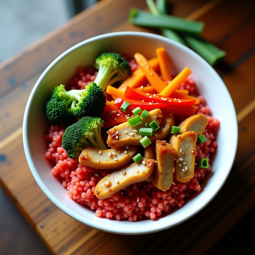 Bowl hondo de cerámica blanca con quinoa roja esponjosa, tiras de pollo dorado al miso, brócoli, zanahoria y pimiento rojo salteados. Decorado con semillas de sésamo y cebollino fresco. Receta proteica en 20 minutos.