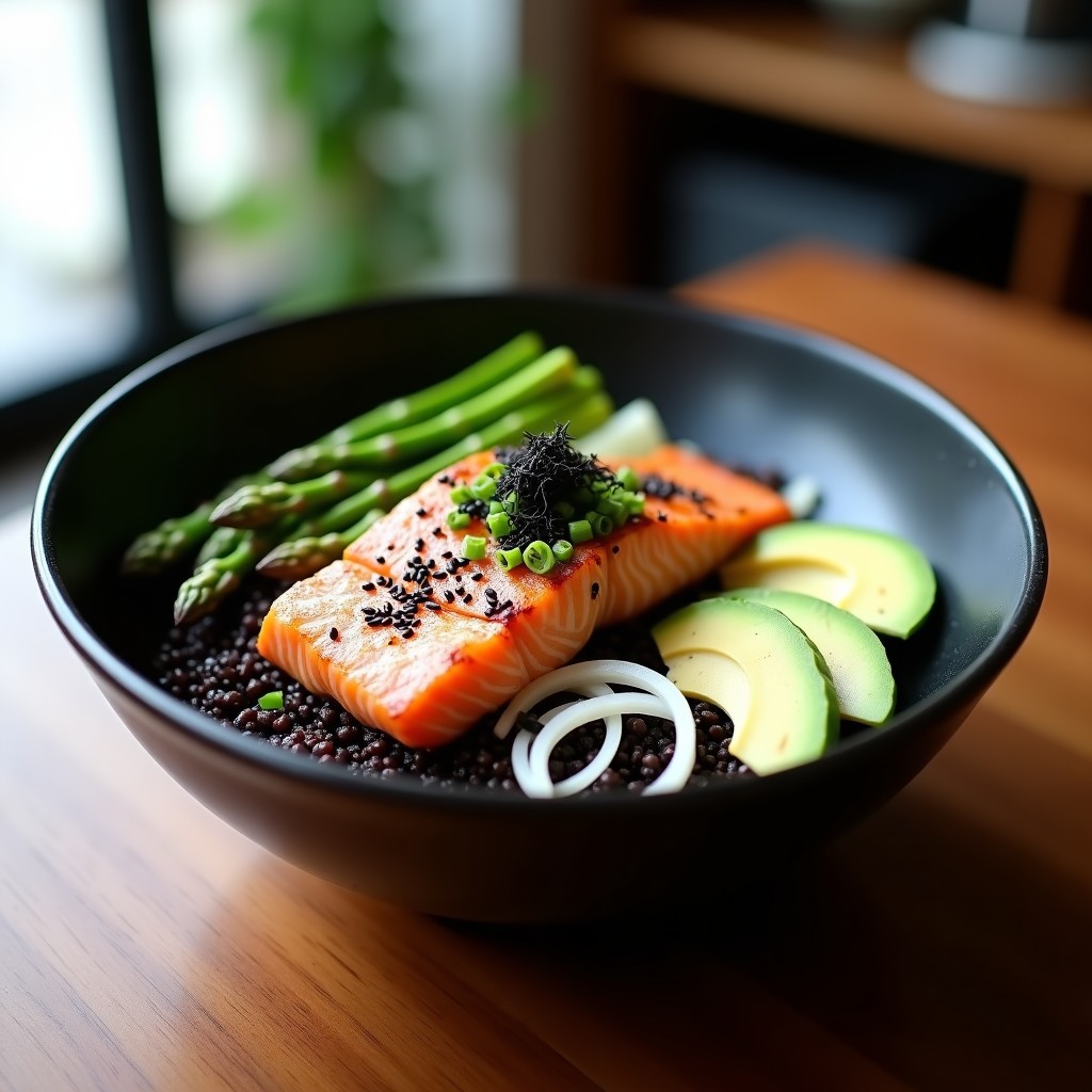 Bowl de quinoa negra con capas de aguacate, pepino, zanahoria y salmón marinado en miso, decorado con semillas de sésamo negro y cebollino. Plato japonés alto en omega-3 con colores vibrantes y texturas contrastadas.