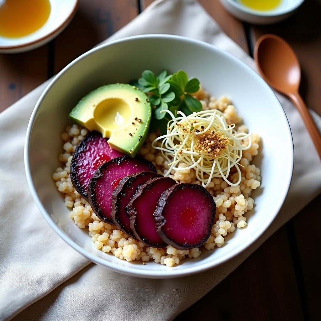 Bowl hondo de cerámica blanca con base de quinoa esponjosa, láminas de tataki de remolacha violeta y rosada dispuestas en círculo, cubos de aguacate verde, brotes de rábano y semillas de sésamo tostadas. Alioli de ajo negro cremoso vertido en espiral sobre el plato, con un hilo de aceite de oliva virgen extra. Fondo rústico con tela de lino y utensilios de madera.