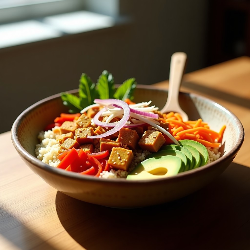 Bowl colorido con base de quinoa blanca, tofu ahumado dorado, zanahoria juliana, pimiento rojo, aguacate en rodajas, brotes de soja y semillas de sésamo tostadas, Bañado con salsa teriyaki brillante y decorado con cebolla morada.