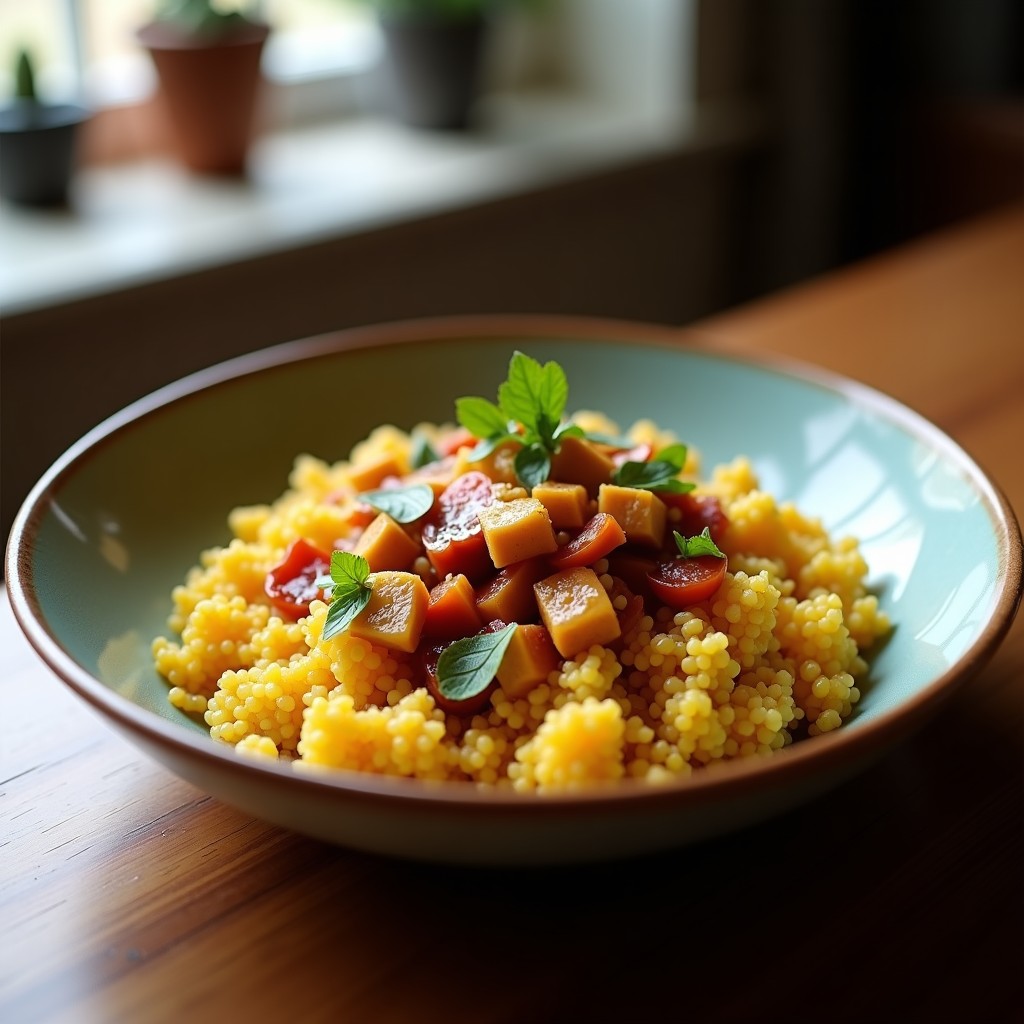 Bowl colorido con quinoa blanca esponjosa, tofu ahumado dorado en cubos, juliana de calabacín, zanahoria y pimiento rojo, aderezo cremoso de yogur y mostaza, decorado con semillas de sésamo y albahaca fresca. Receta de bowl de quinoa y tofu ahumado en Thermomix.