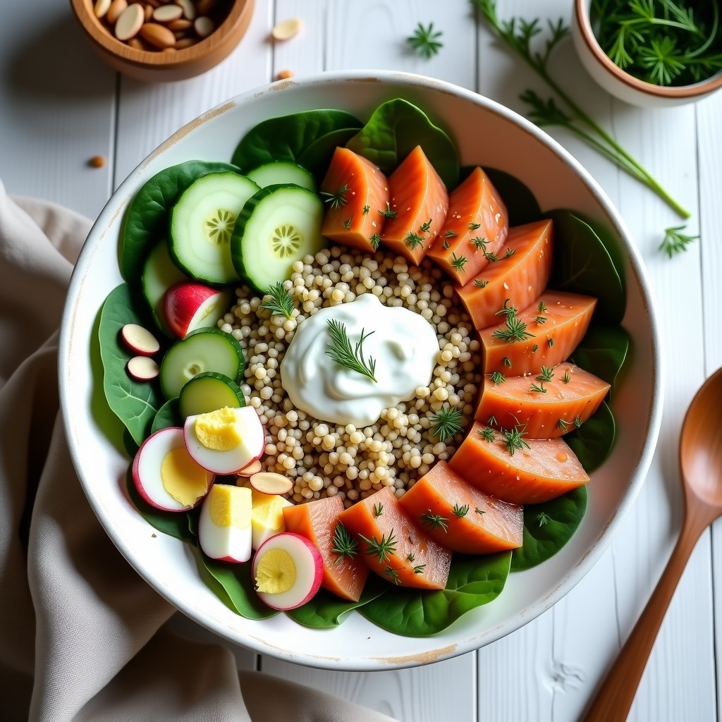 Bowl de quinoa blanca con trozos de trucha ahumada, rodajas de pepino, rábanos rojos, manzana verde, huevo cocido y almendras fileteadas. Todo coronado con una salsa cremosa de yogur y eneldo fresco, típico plato escandinavo alto en omega-3.