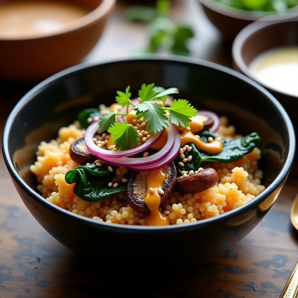 Bowl hondo de cerámica negra con base de espinacas baby, sarraceno cocido, hongos ostra dorados salteados con especias indias y salsa de tamarindo brillante. Decorado con cilantro fresco y semillas de sésamo tostadas. Plato colorido y saludable, típico desayuno indio alto en proteína.