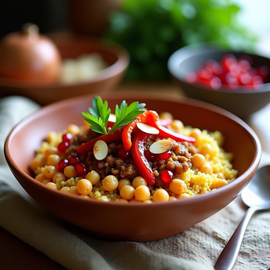 Bowl de Sémola de Maíz con Garbanzos y Granado: Receta Magrebí Vegana y Proteica