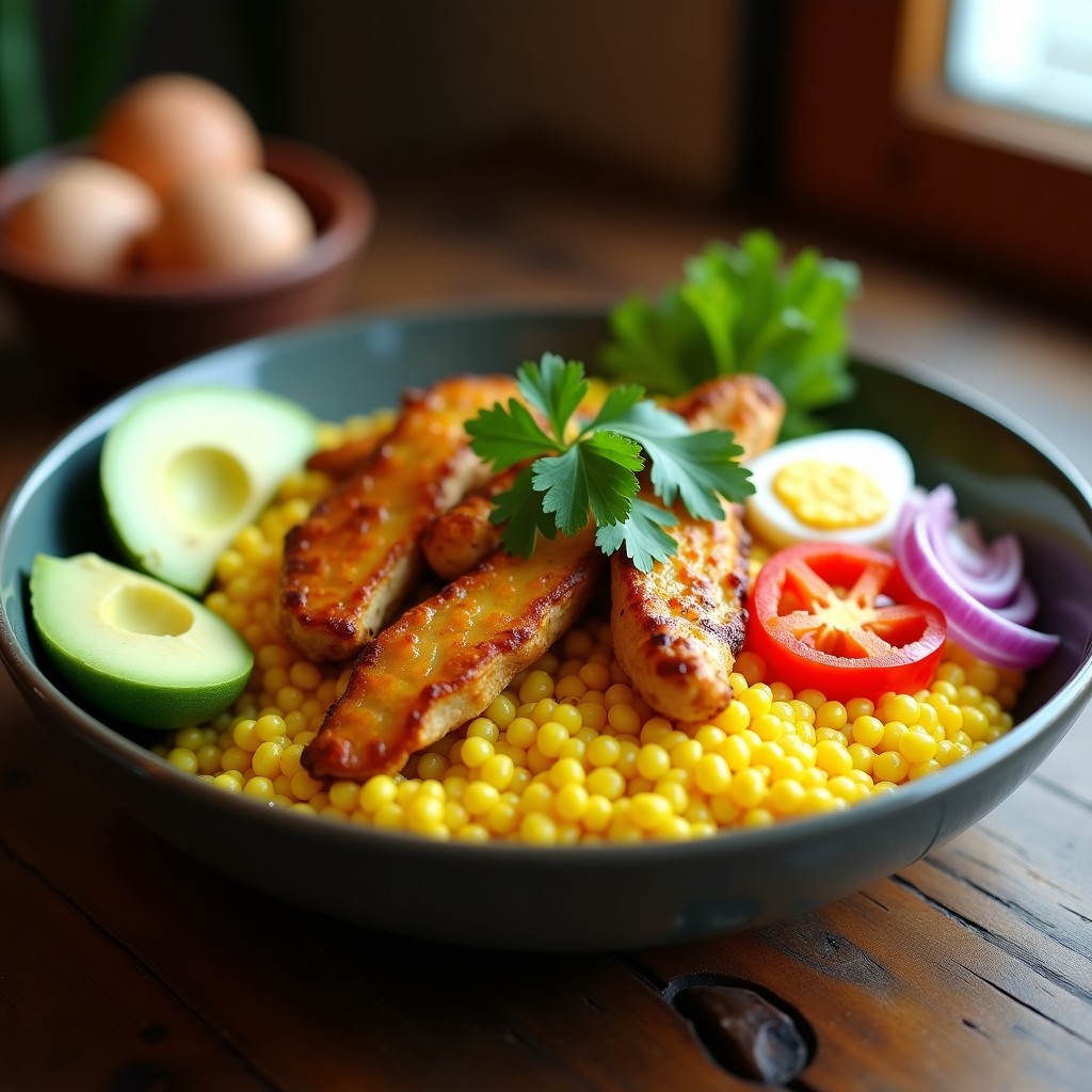 Bowl colorido con base cremosa de sémola de maíz amarilla, tiras de pollo dorado al ají amarillo, cuartos de huevo duro, cubos de aguacate verde y hojas de cilantro fresco, servido en un plato hondo blanco sobre fondo rustico de madera.
