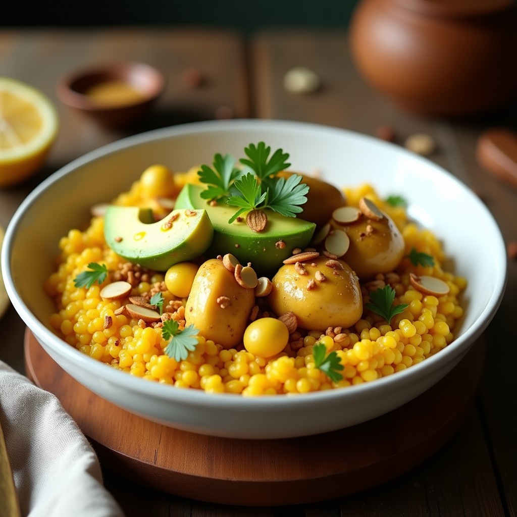 Bowl hondo de cerámica blanca con base de sémola de maíz amarilla, pollo al curry dorado en trozos, cubos de aguacate verde, semillas de granada rojas y almendras tostadas. Decorado con cilantro fresco y un hilo de aceite de oliva, sobre una mesa de madera rústica con especias al fondo.