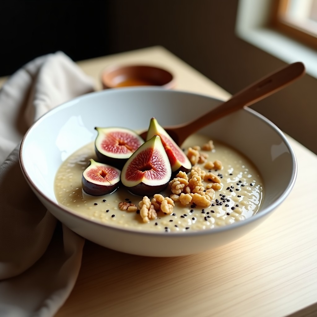 Bowl rústico de sémola de trigo sarraceno cremosa, coronado con higos frescos caramelizados, nueces tostadas y semillas de chía, servido en un plato hondo de cerámica blanca con fondo de madera.