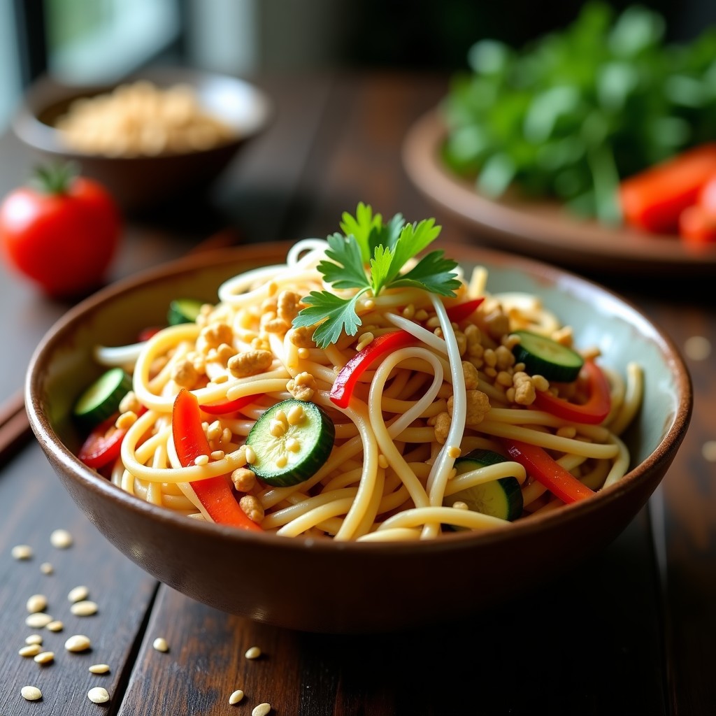 Bowl colorido con fideos shirataki transparentes mezclados con zucchini, pimiento rojo y cebolla morada salteados, cubiertos de una cremosa peanut sauce oscura. Decorado con cacahuetes tostados dorados, brotes de soja frescos y cilantro picado. Plato alto en proteína y bajo en calorías, estilo tailandés.