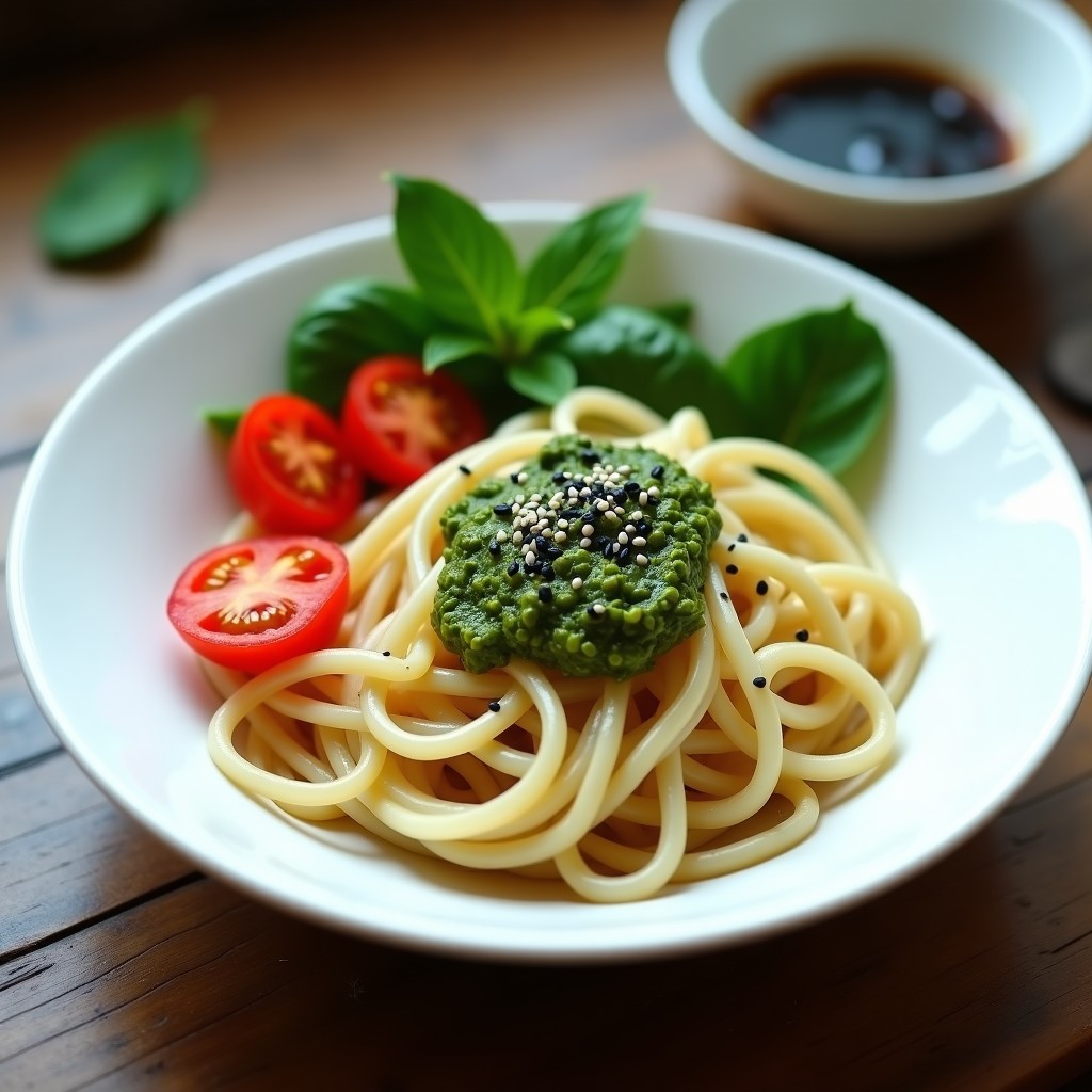 Bowl de fideos shirataki transparentes salteados, cubiertos con pesto de albahaca verde brillante, tomates cherry rojos cortados por la mitad, semillas de sésamo negro y espinacas baby, servido en un bol de cerámica blanca sobre una mesa de madera rústica, receta japonesa low-carb.