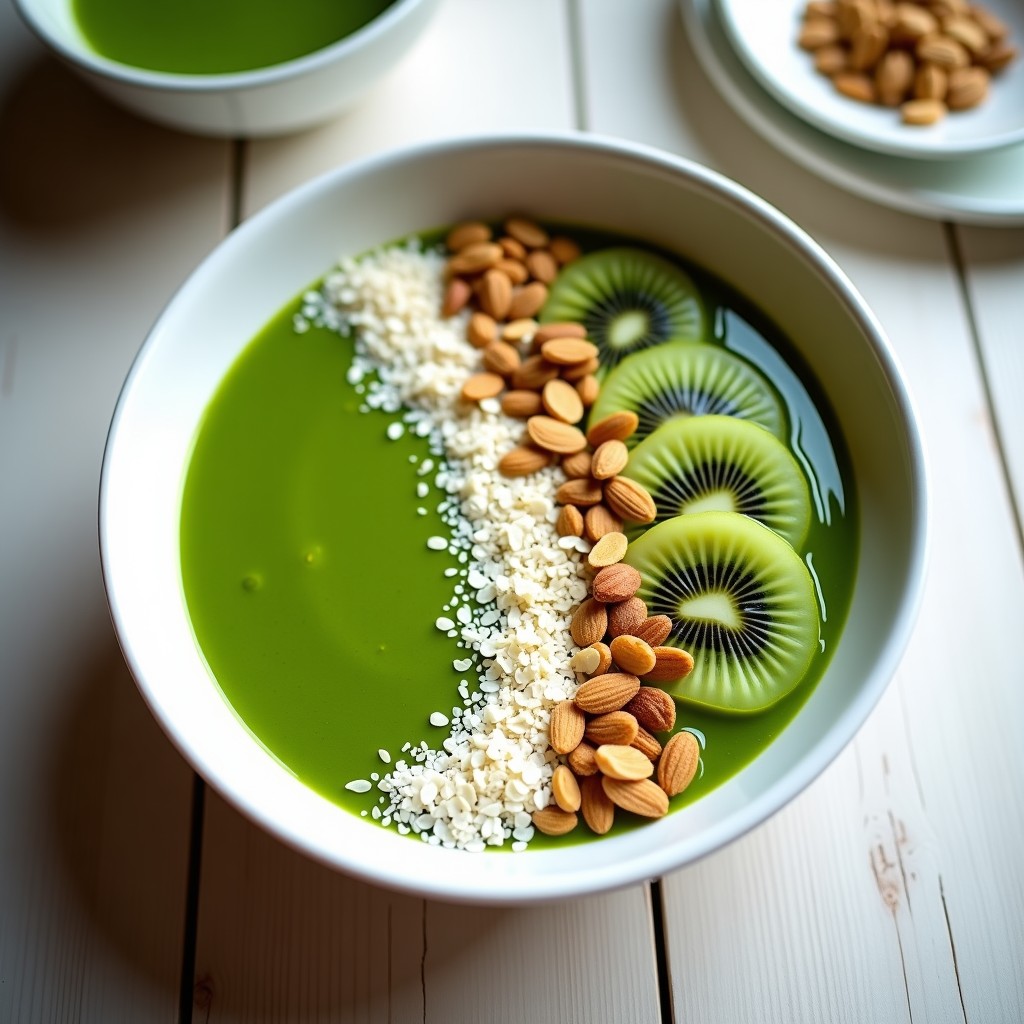 Bowl de smoothie verde vibrante de col rizada y kiwi, decorado con semillas de chía en gel, láminas de kiwi, avena, coco rallado y almendras fileteadas sobre fondo de madera clara. Receta detox y desintoxicante.