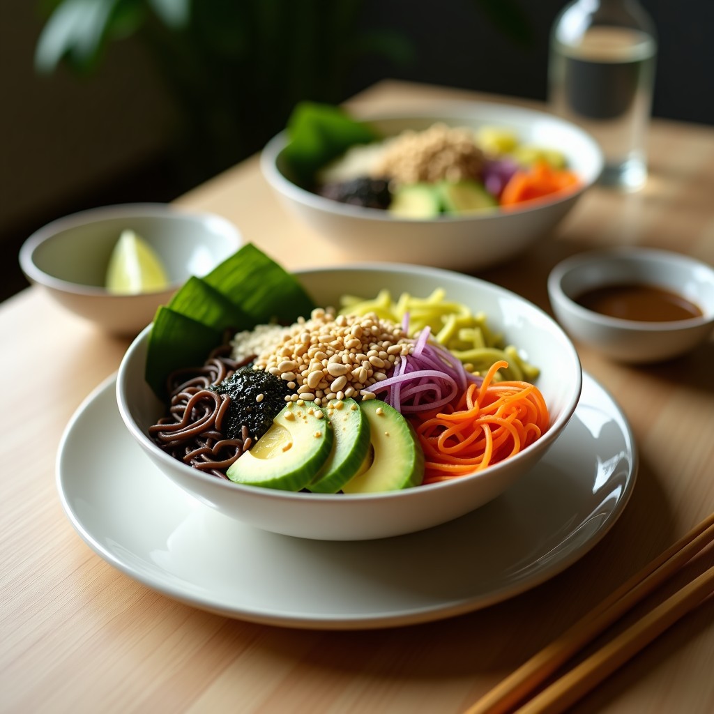 Bowl de soba y aguacate japonés frío con aderezo de sésamo y lima, fideos soba fríos, aguacate en cubos, pepino en juliana, zanahoria rallada, cebolla morada, semillas de sésamo negro y blanco, cacahuates picados y tiras de alga nori sobre hojas de espinaca baby, servido en un bol de cerámica blanca con fondo rústico.
