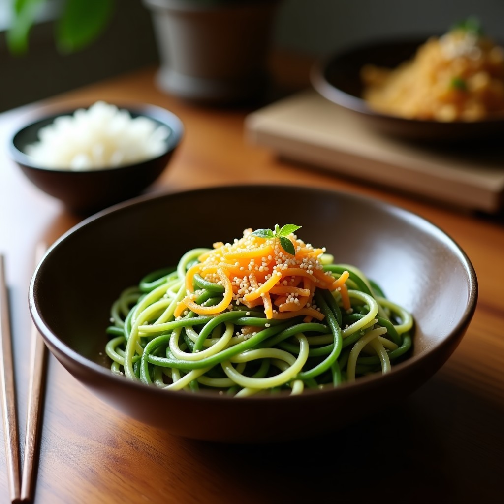 Bowl japonés de fideos soba al dente con edamame, pimiento rojo asado y algas nori, bañado en un aderezo cremoso de sésamo y naranja sanguina, decorado con semillas de sésamo y cebollino fresco.