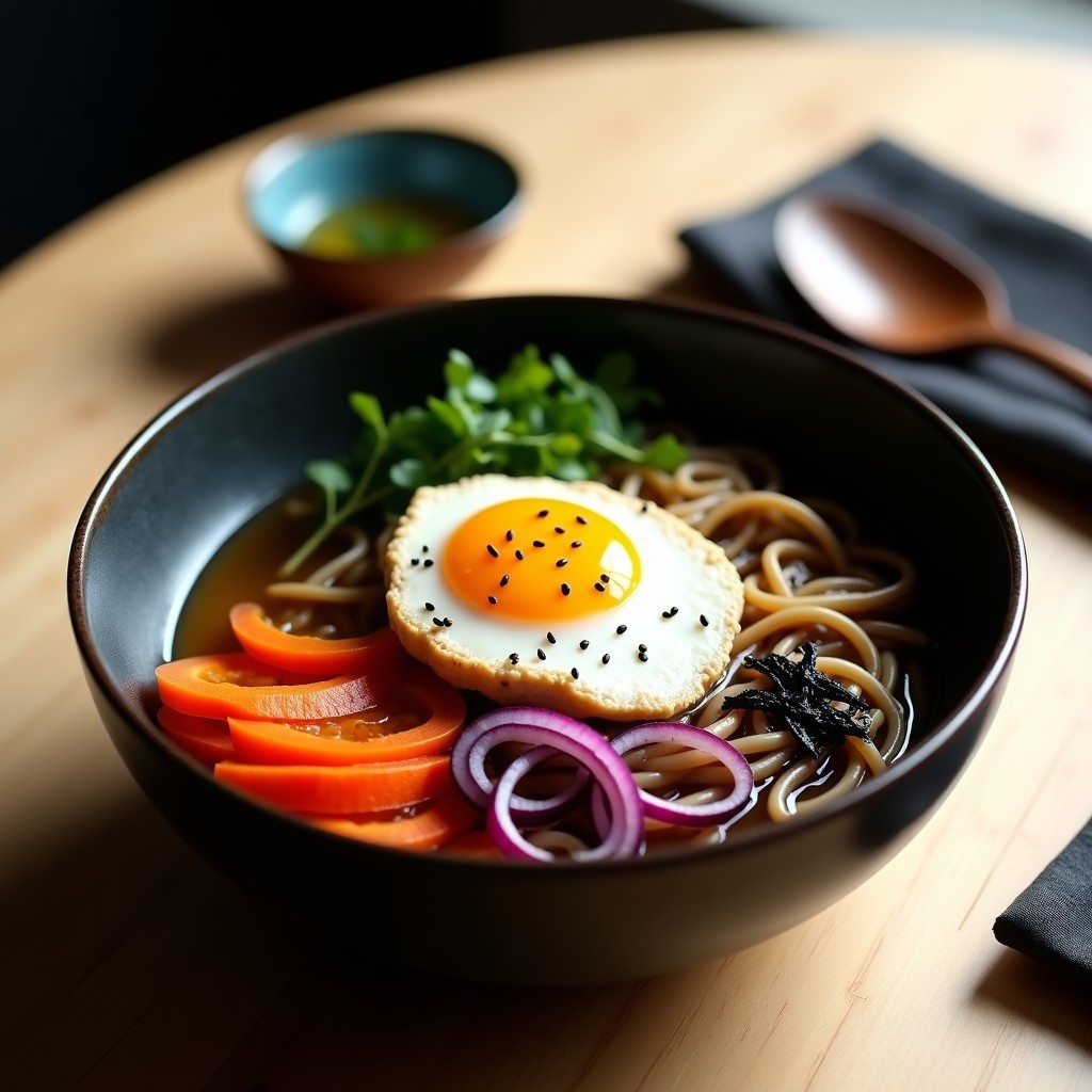 Bowl japonés vegano con fideos soba oscuros, caldo de kombu transparente, huevo vegano marinado en cubos dorados, cebolla morada, zanahoria y pimiento rojo asado. Decorado con semillas de sésamo negro y algas nori en tiras sobre fondo de madera clara.