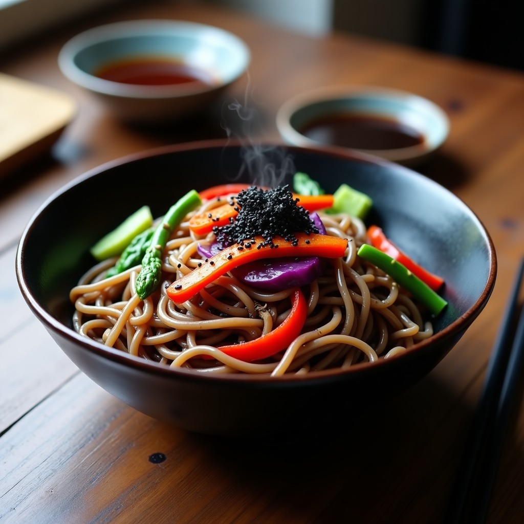 Bowl de soba nudles de alforfón con vegetales coloridos salteados (repollo morado, pimiento rojo y espárragos) bañados en salsa de tamari, decorado con semillas de sésamo negro y algas nori. Plato japonés keto servido en un bol de cerámica negra.