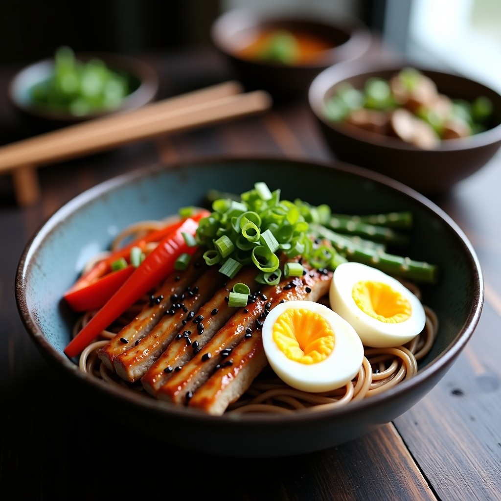 Bowl japonés keto con fideos soba de alforfón, tiras de pollo teriyaki glaseado, espárragos trigueros, pimiento rojo y champiñones shiitake salteados, decorado con semillas de sésamo, cebollino y huevos de codorniz. Plato colorido y equilibrado sobre fondo de madera oscura.