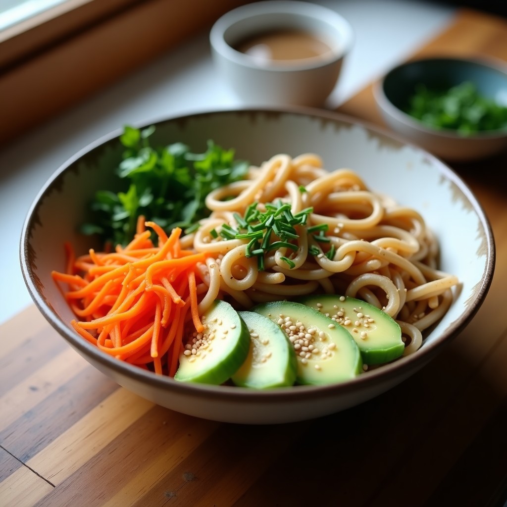 Bowl de soba frío con fideos de trigo sarraceno, crema de tahini cremosa, kimchi vegano, zanahoria fermentada, aguacate en láminas y pepino en juliana, decorado con semillas de sésamo y cebollino fresco. Plato colorido y saludable con texturas contrastantes.