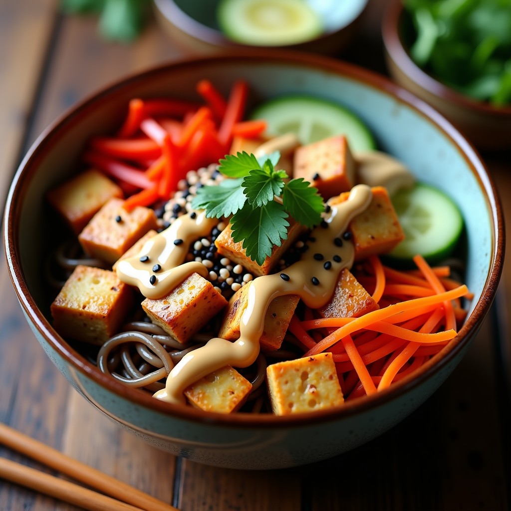 Bowl japonés de fideos soba de trigo sarraceno con tofu ahumado dorado, zanahoria juliana, pepino, cebolla morada y espinacas, bañado en una salsa cremosa de cacahuete y lima, decorado con semillas de sésamo y cilantro fresco.