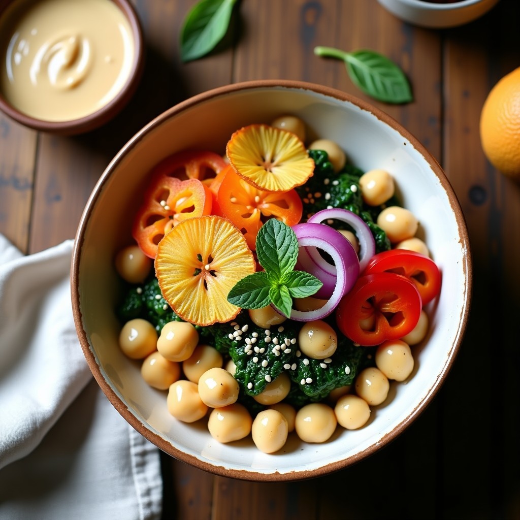 Bowl vegano colorido con garbanzos aliñados en salsa de tahini y limón, espinacas crujientes tostadas, semillas de sésamo y hojas de menta fresca.